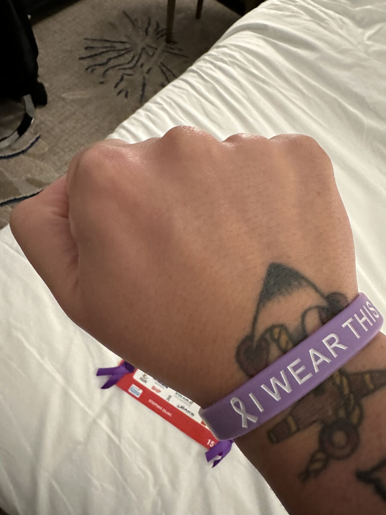 The purple wristband Stephan ran with to honor Greg during the marathon.