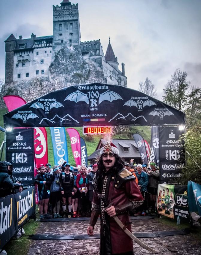 The race start line below Bran Castle (better known "Dracula's Castle") in Romania.