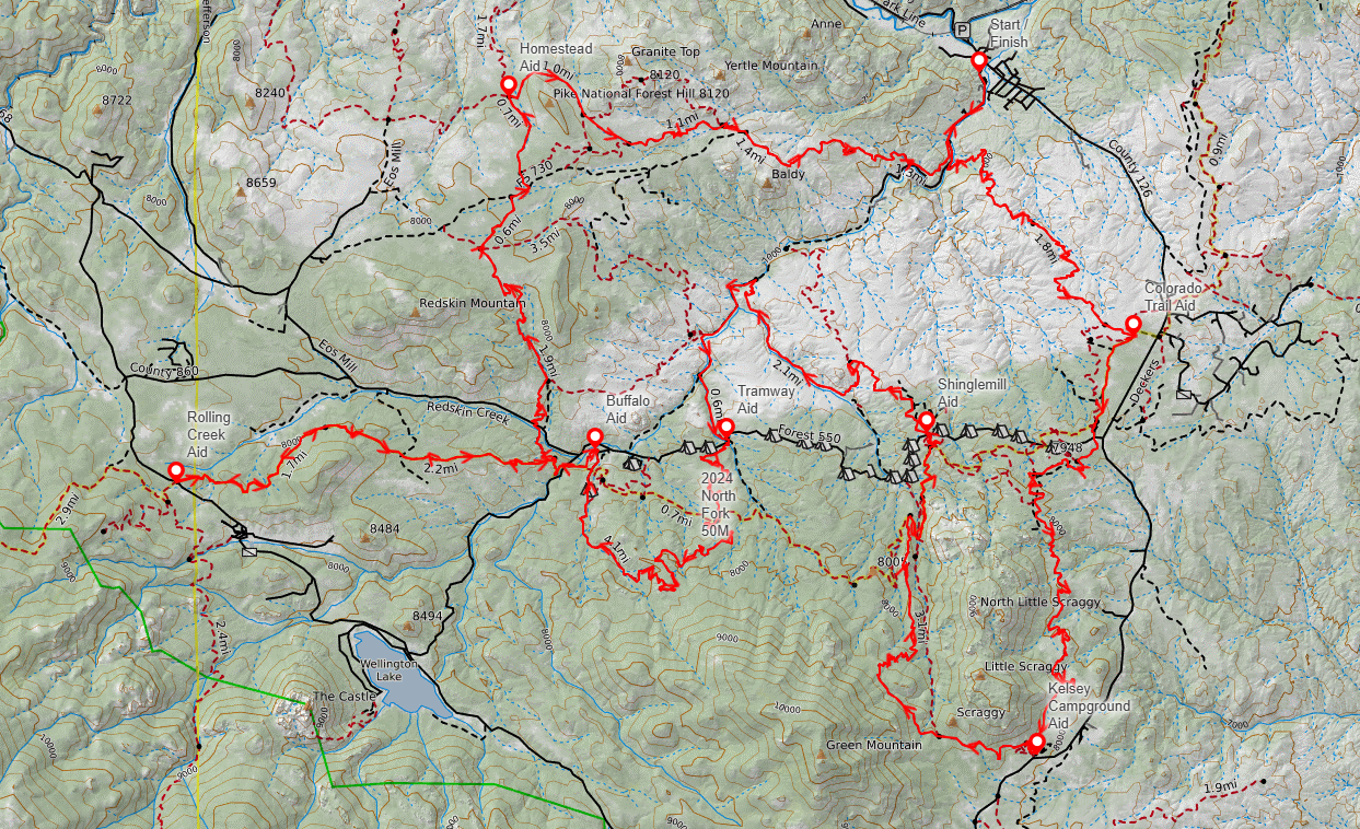 North Fork 50 mile course map with the out-and-back at Rolling Creek Aid.