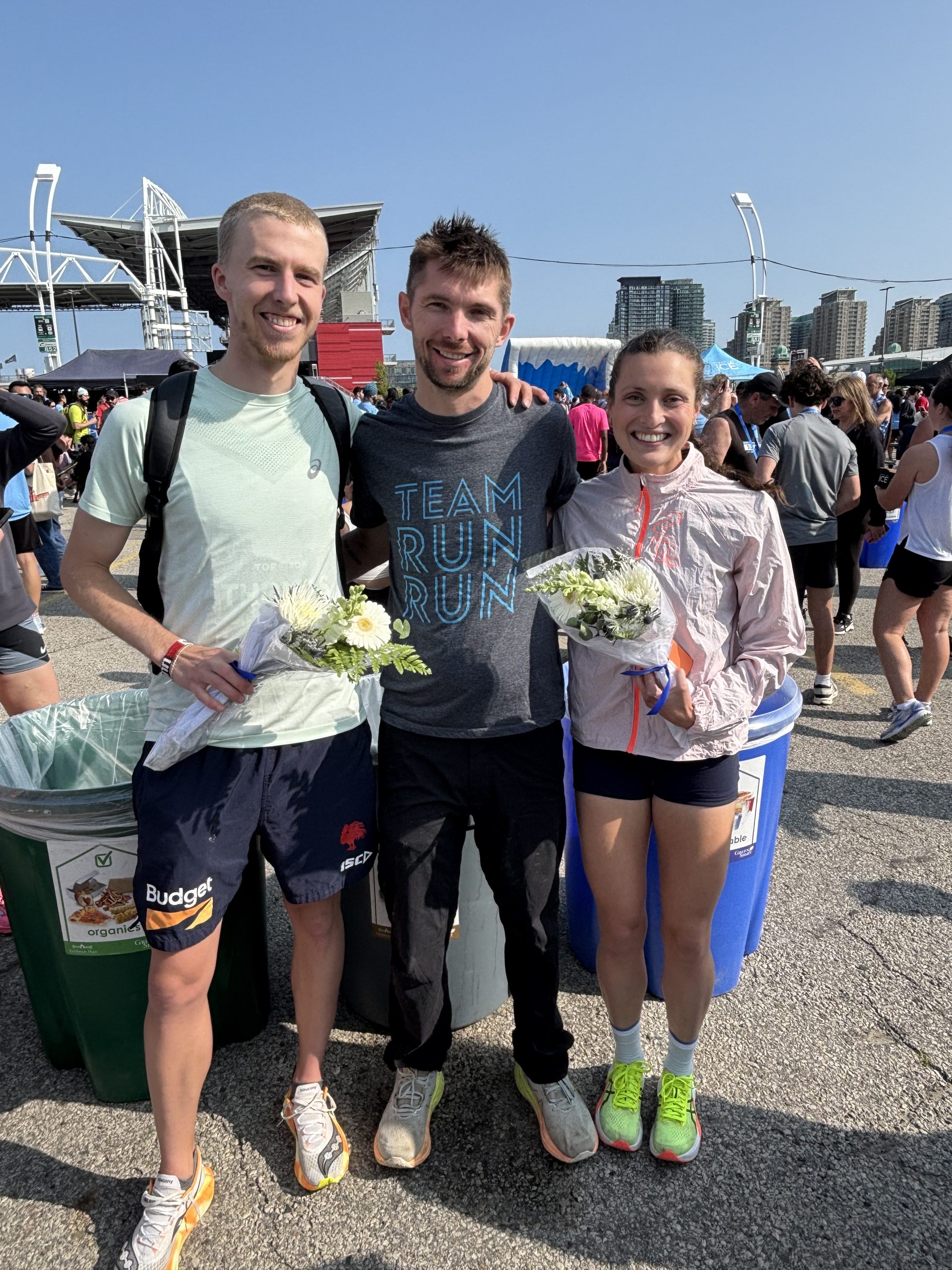 TRR Coaches Thomas Nobbs, Brant Stachel, and Teagan Robertson (left to right) at the Toronto 10K.