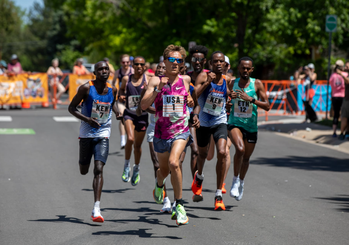 BOLDERBoulder Men's Pro Race, led by Conner Mantz (bib 1).