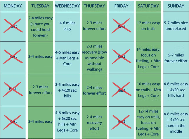 Sample training plan with rest days removed. 