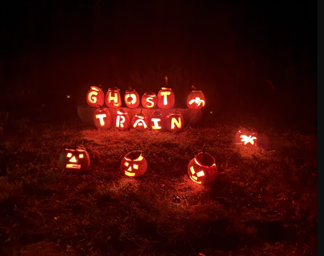 Halloween-themed Ghost Train Rail Trail Race on-course decorations.